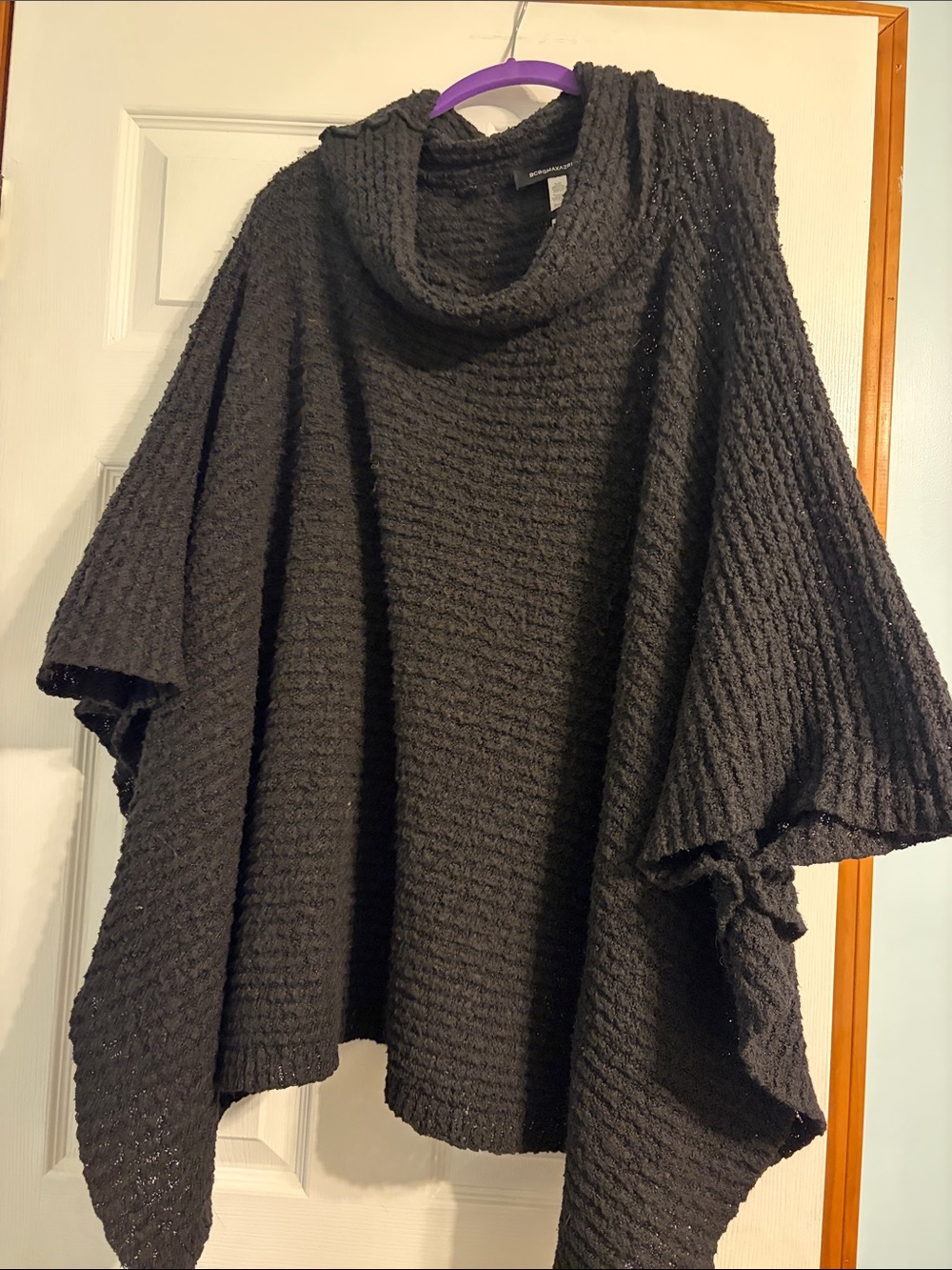 BCBGMaxAzria Black Textured Cowl Neck Poncho Sweater